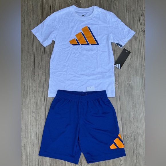 adidas Other - Adidas White Tee and Blue Shorts Set with Orange Accents